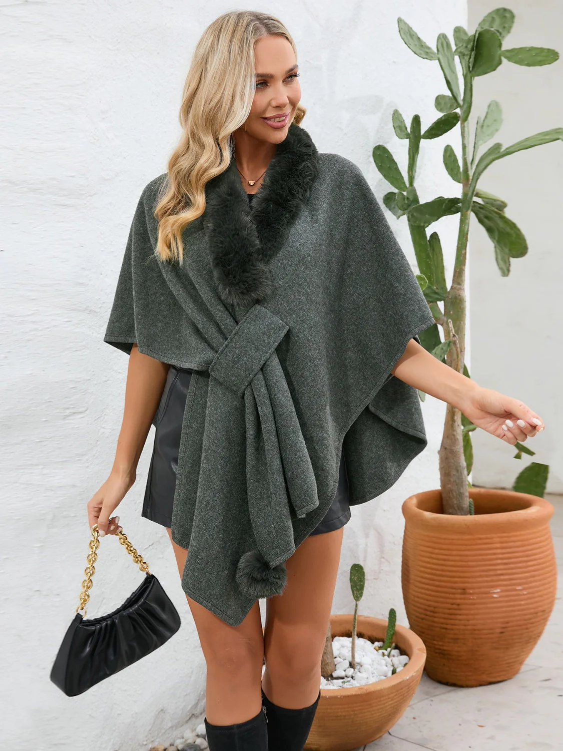 Fuzzy Trim Open Front Poncho - Image 11