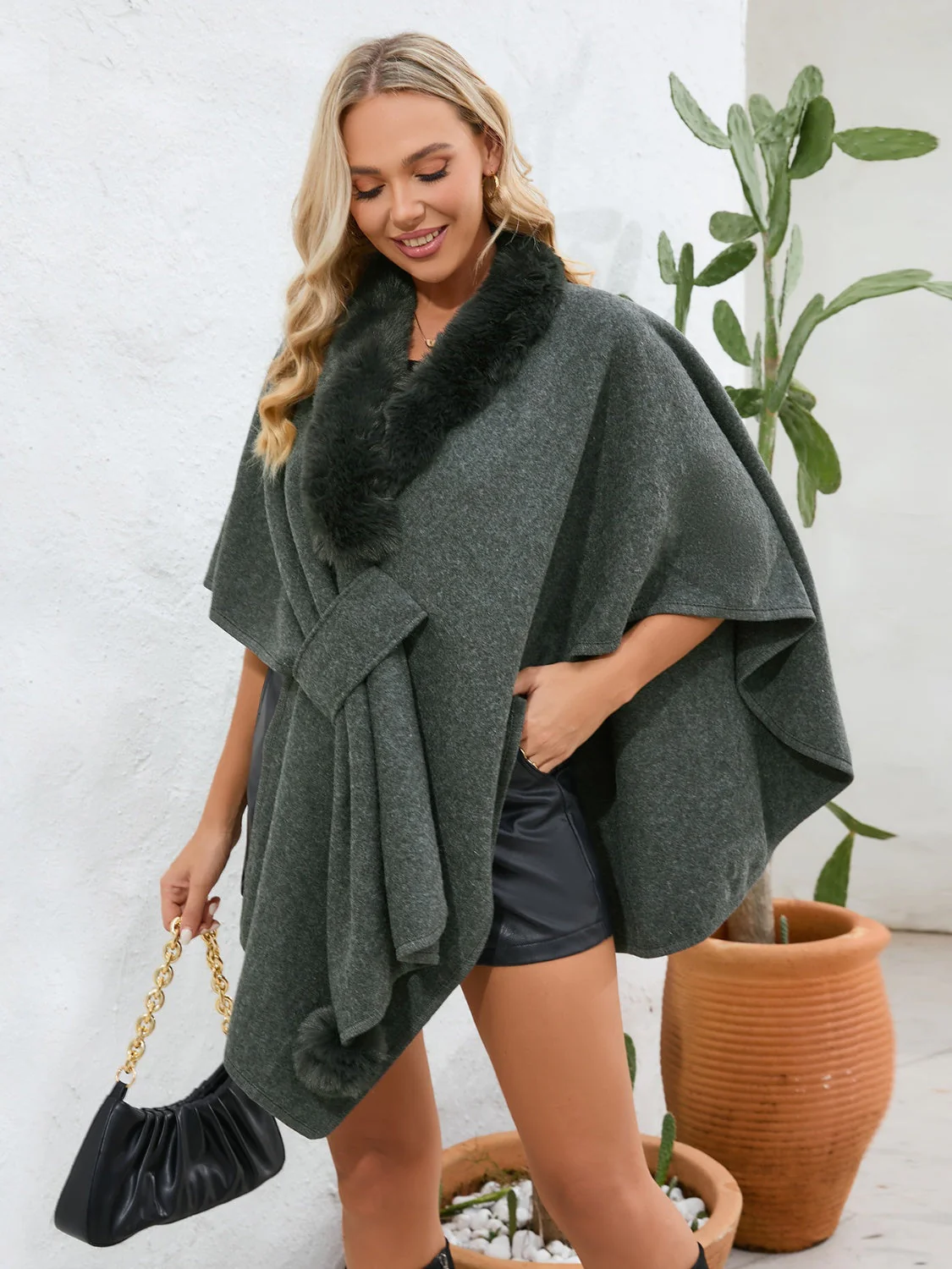 Fuzzy Trim Open Front Poncho - Image 12
