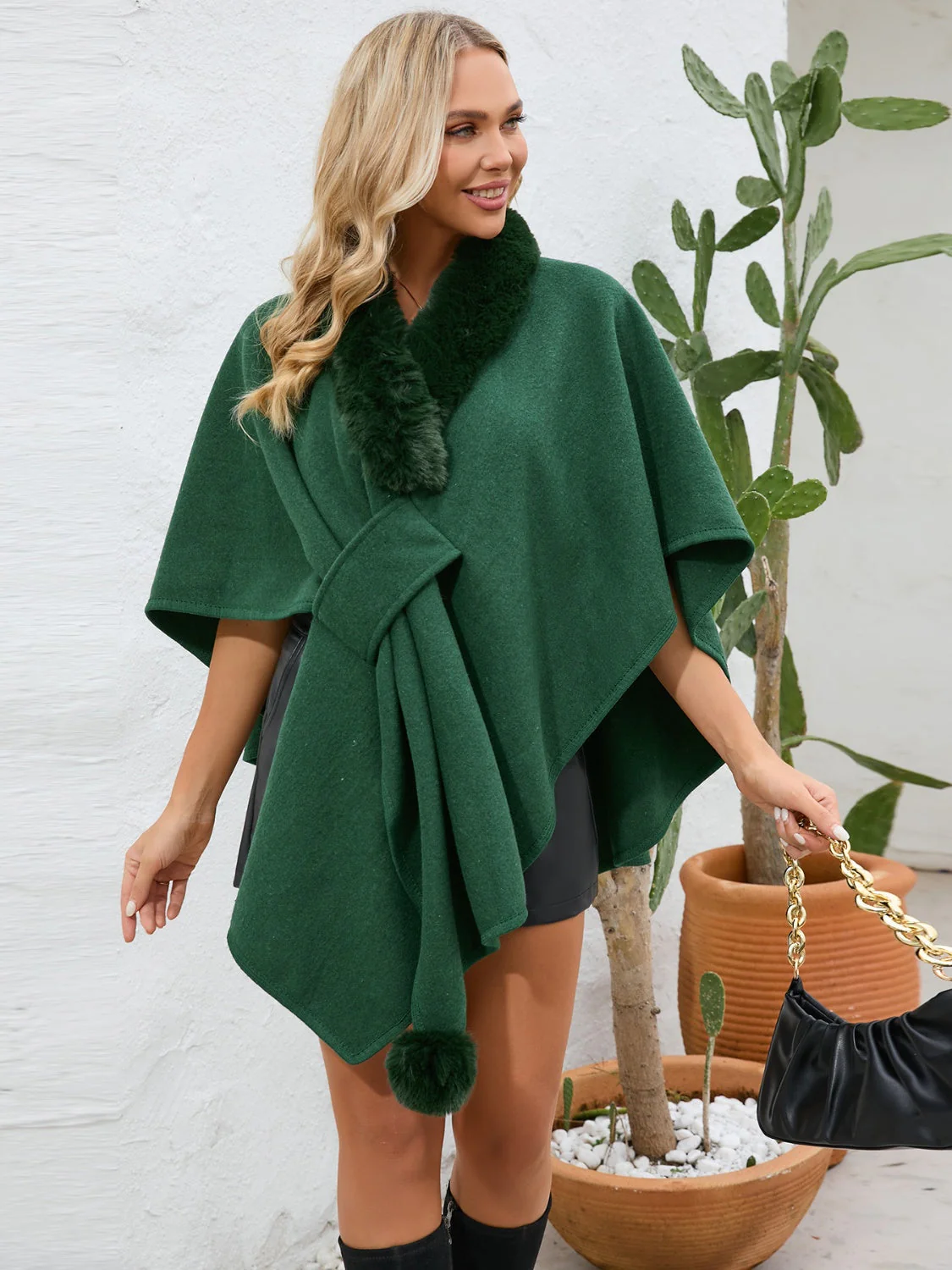Fuzzy Trim Open Front Poncho - Image 13