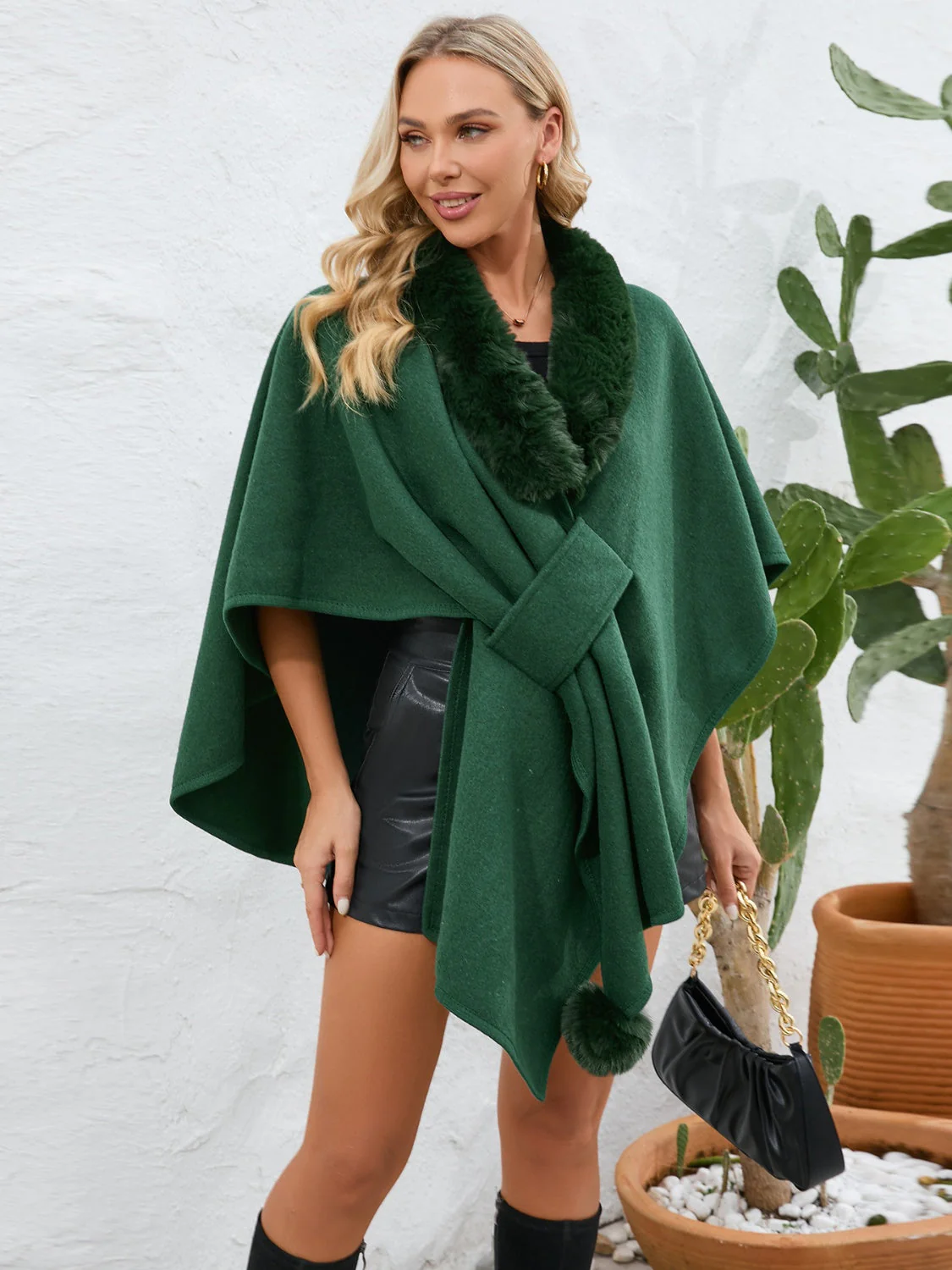 Fuzzy Trim Open Front Poncho - Image 14