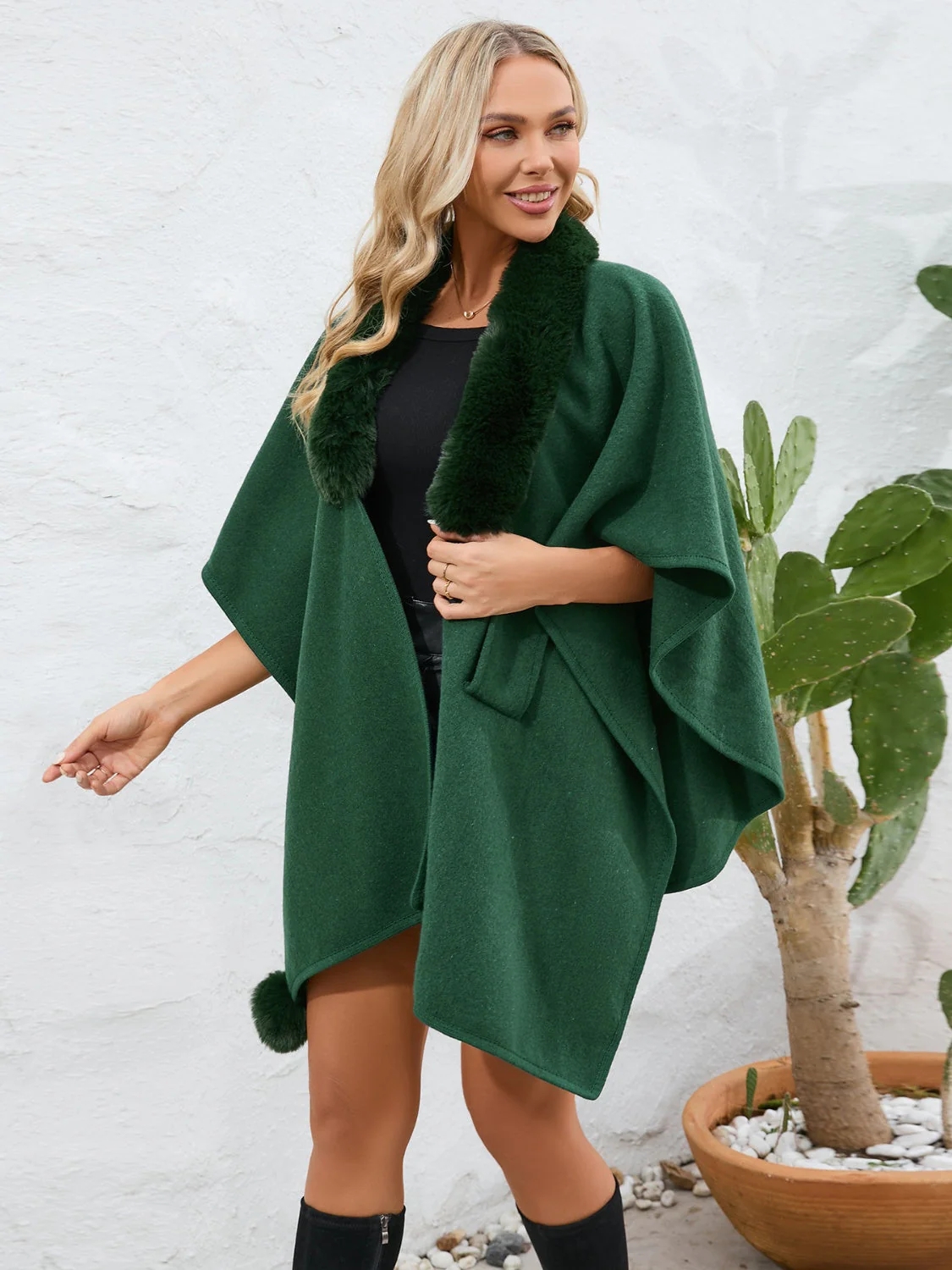 Fuzzy Trim Open Front Poncho - Image 16