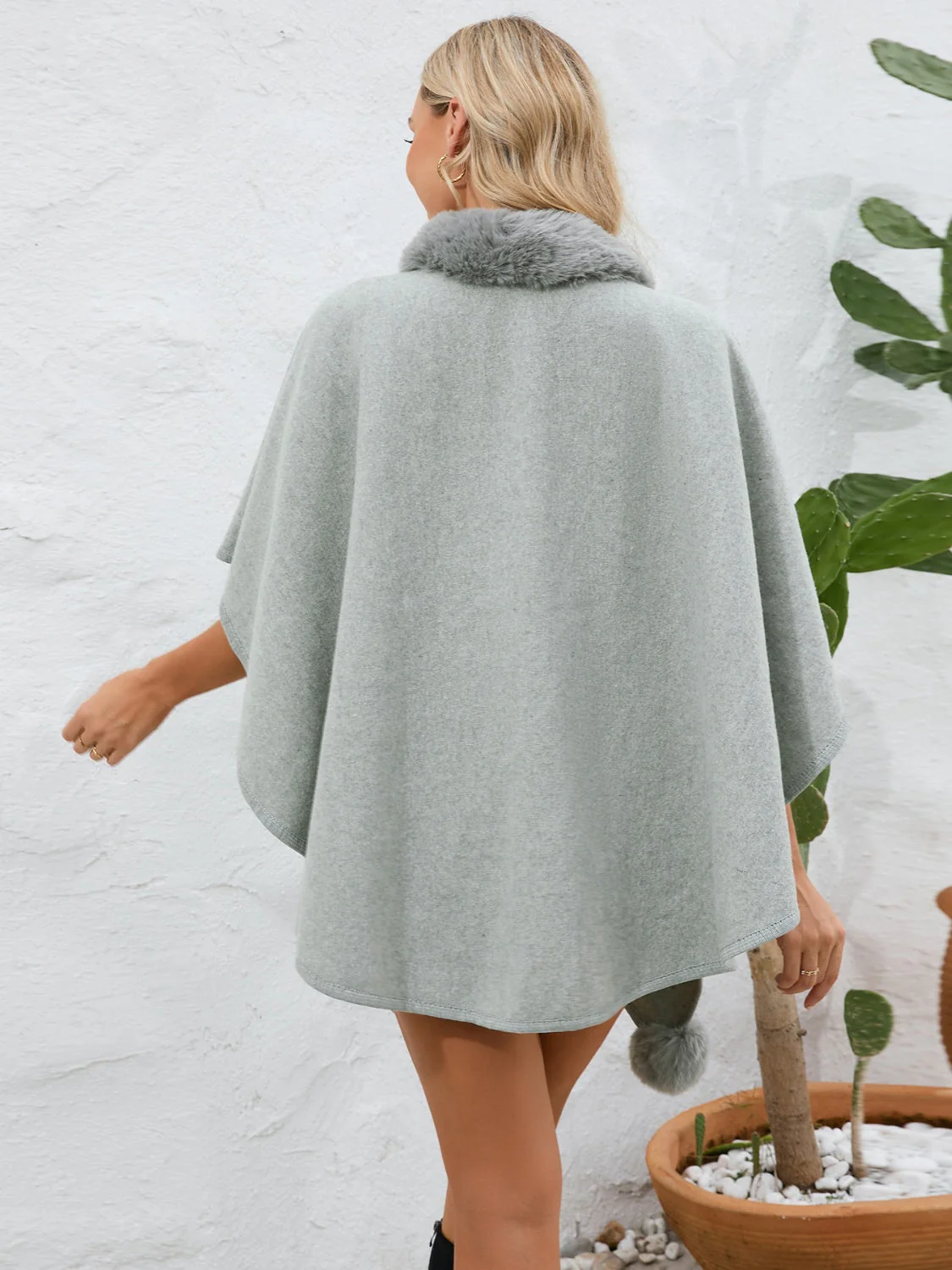 Fuzzy Trim Open Front Poncho - Image 2
