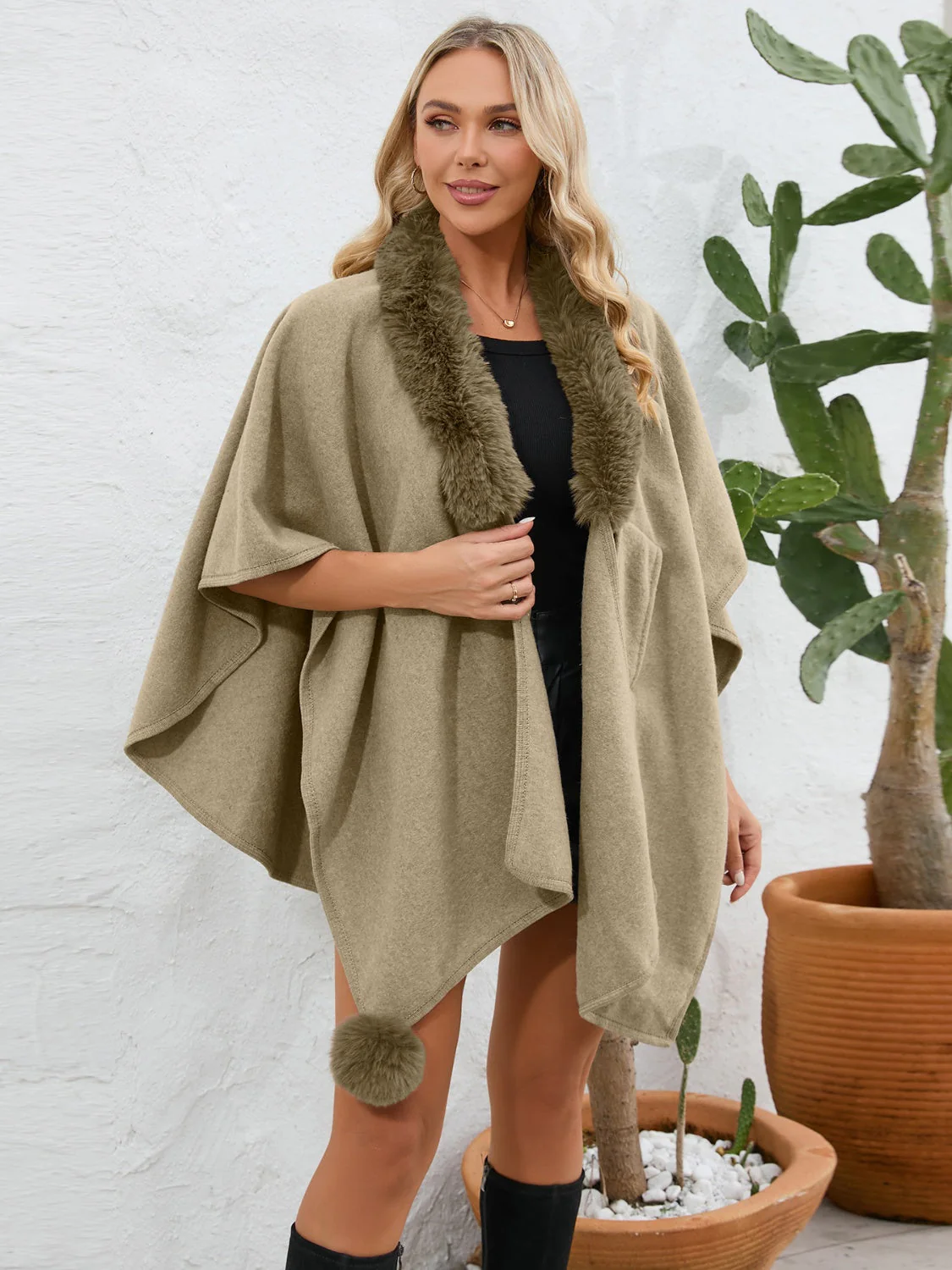 Fuzzy Trim Open Front Poncho - Image 25