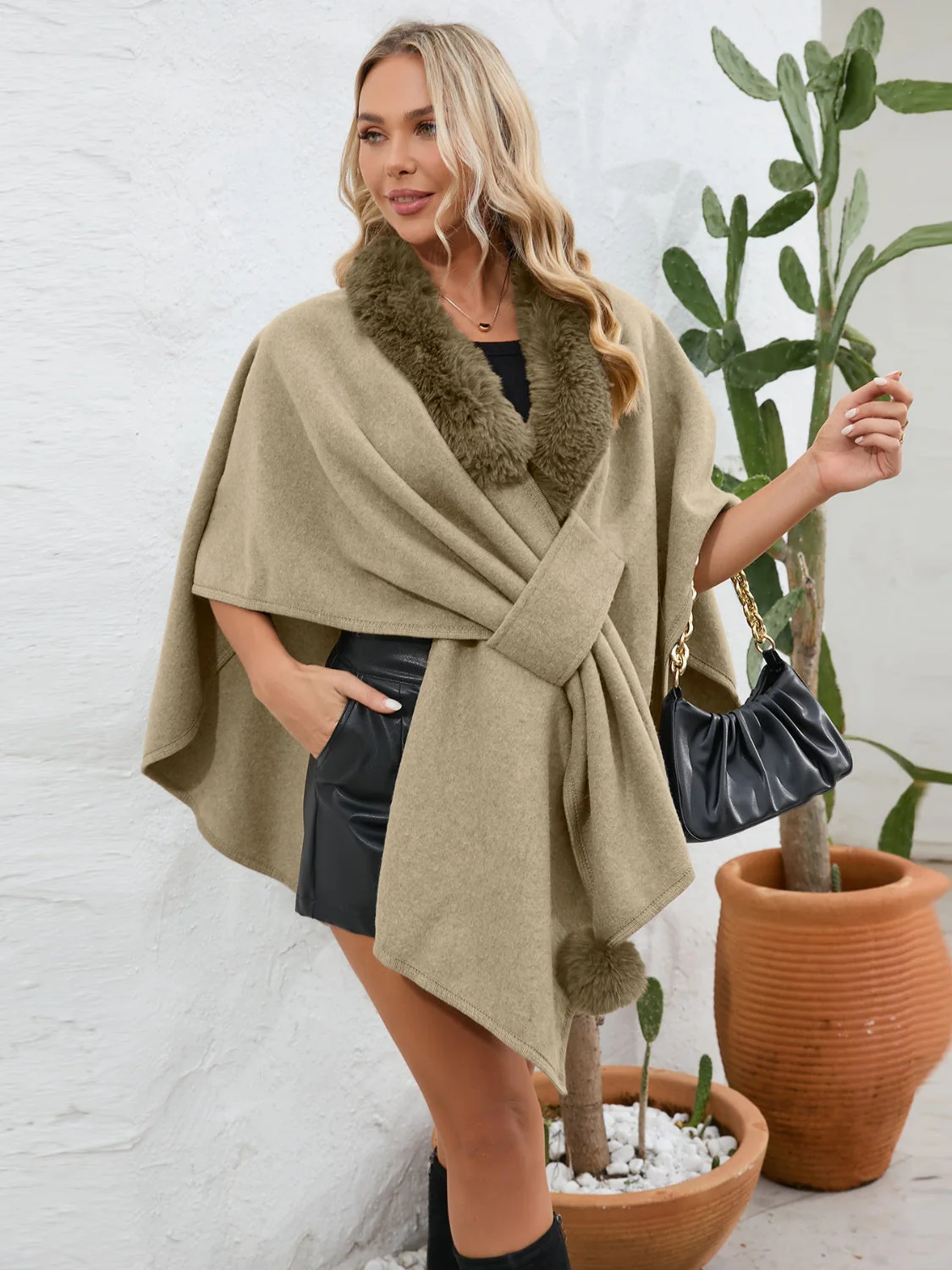 Fuzzy Trim Open Front Poncho - Image 30