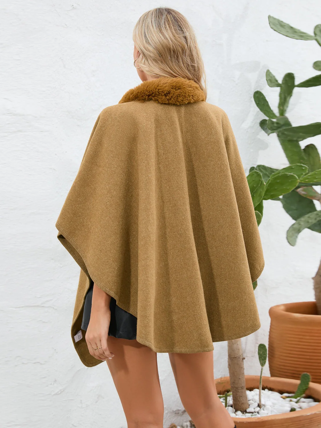 Fuzzy Trim Open Front Poncho - Image 32