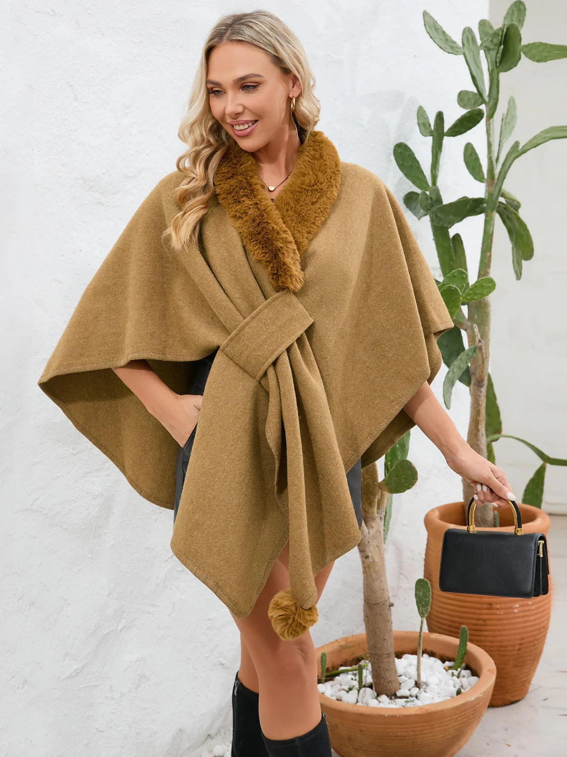 Fuzzy Trim Open Front Poncho - Image 33
