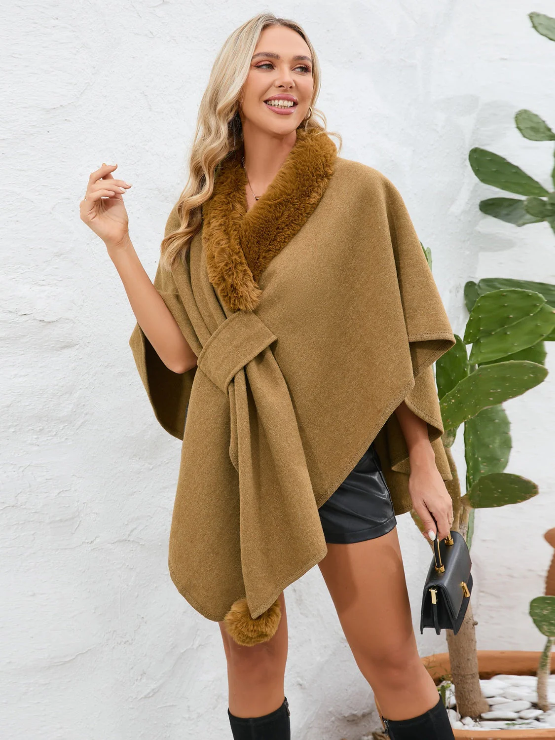 Fuzzy Trim Open Front Poncho - Image 35