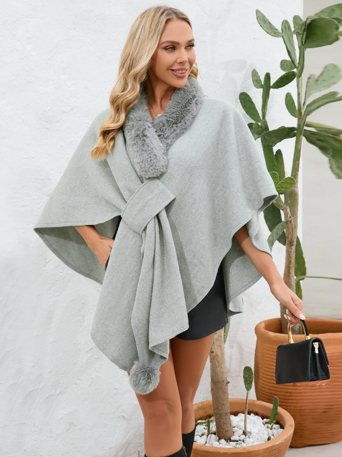 Fuzzy Trim Open Front Poncho - Image 5