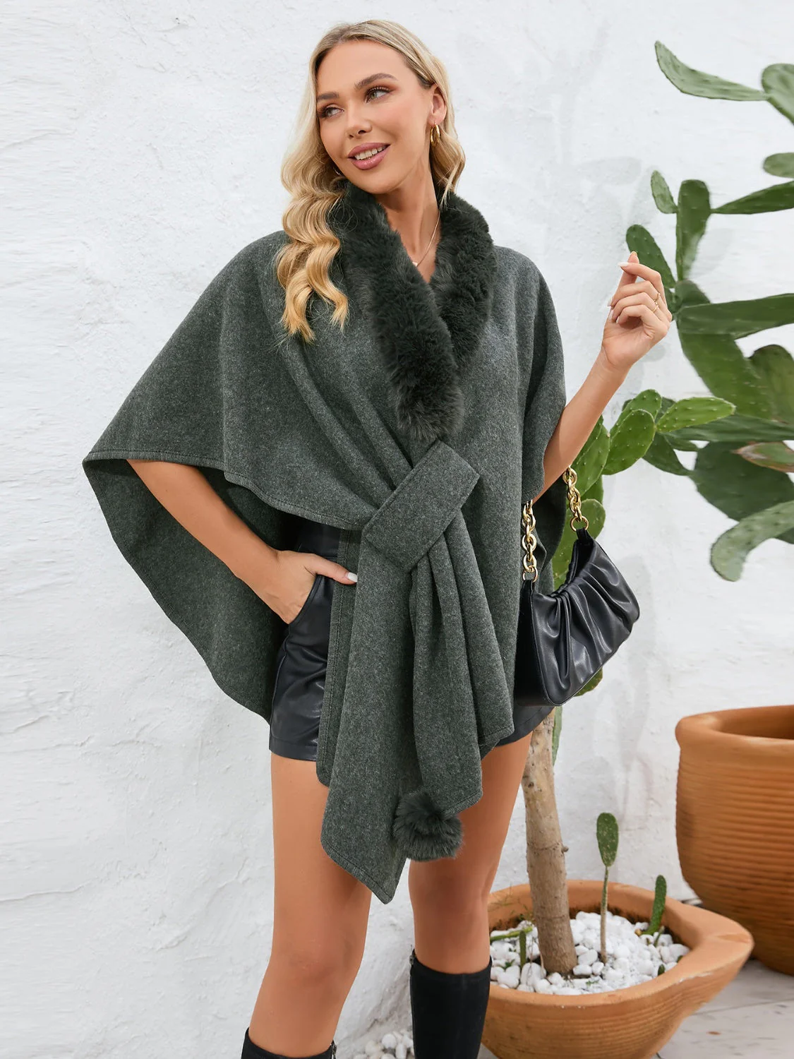 Fuzzy Trim Open Front Poncho - Image 7