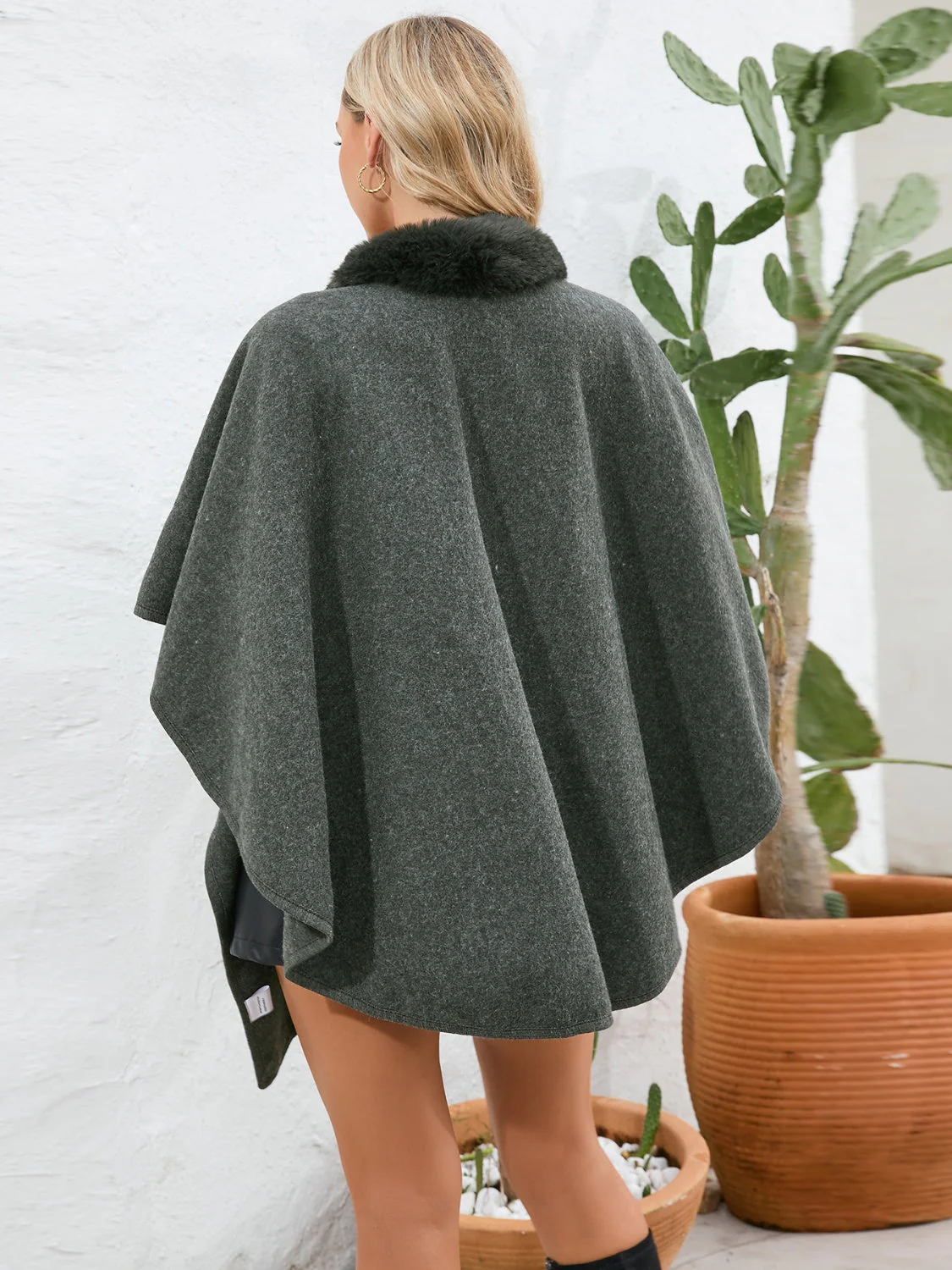 Fuzzy Trim Open Front Poncho - Image 8