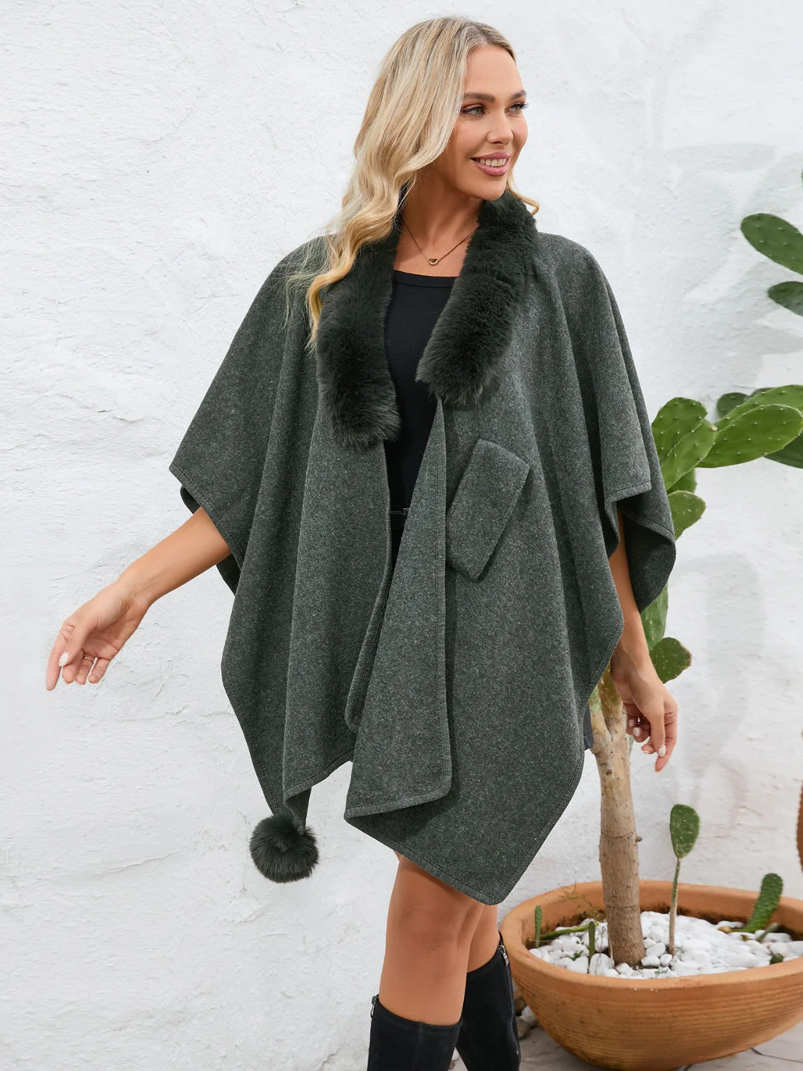 Fuzzy Trim Open Front Poncho - Image 9