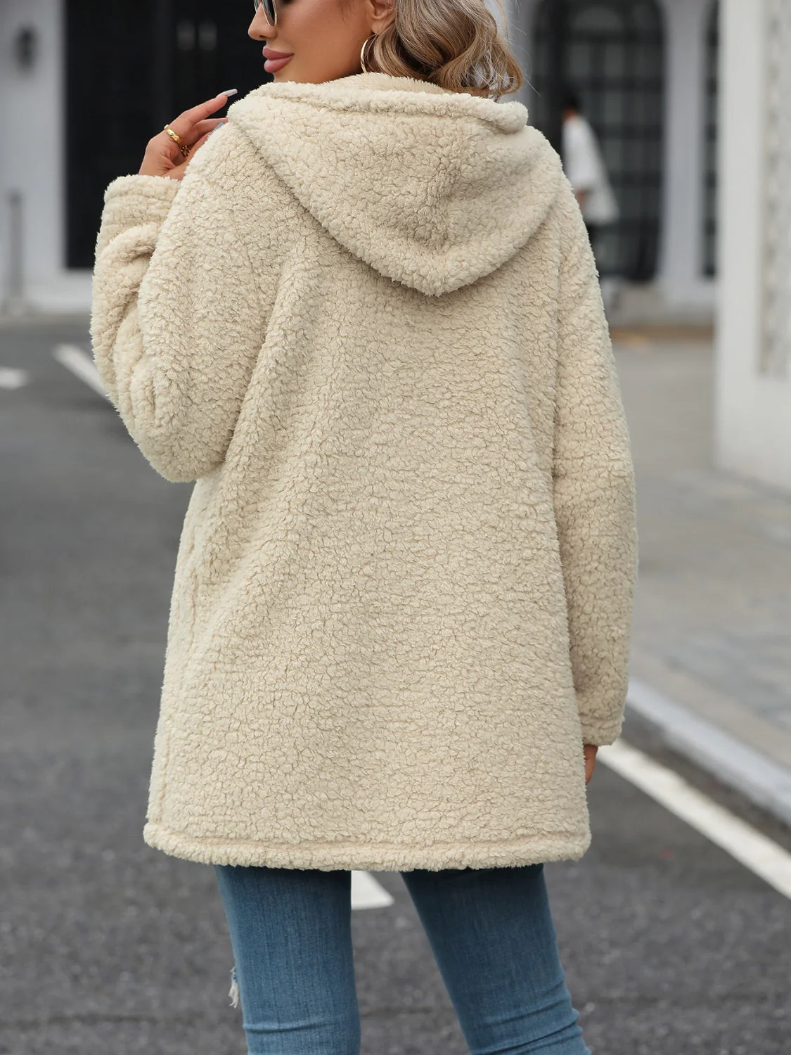 Fuzzy Zip Up Long Sleeve Hooded Jacket - Image 2