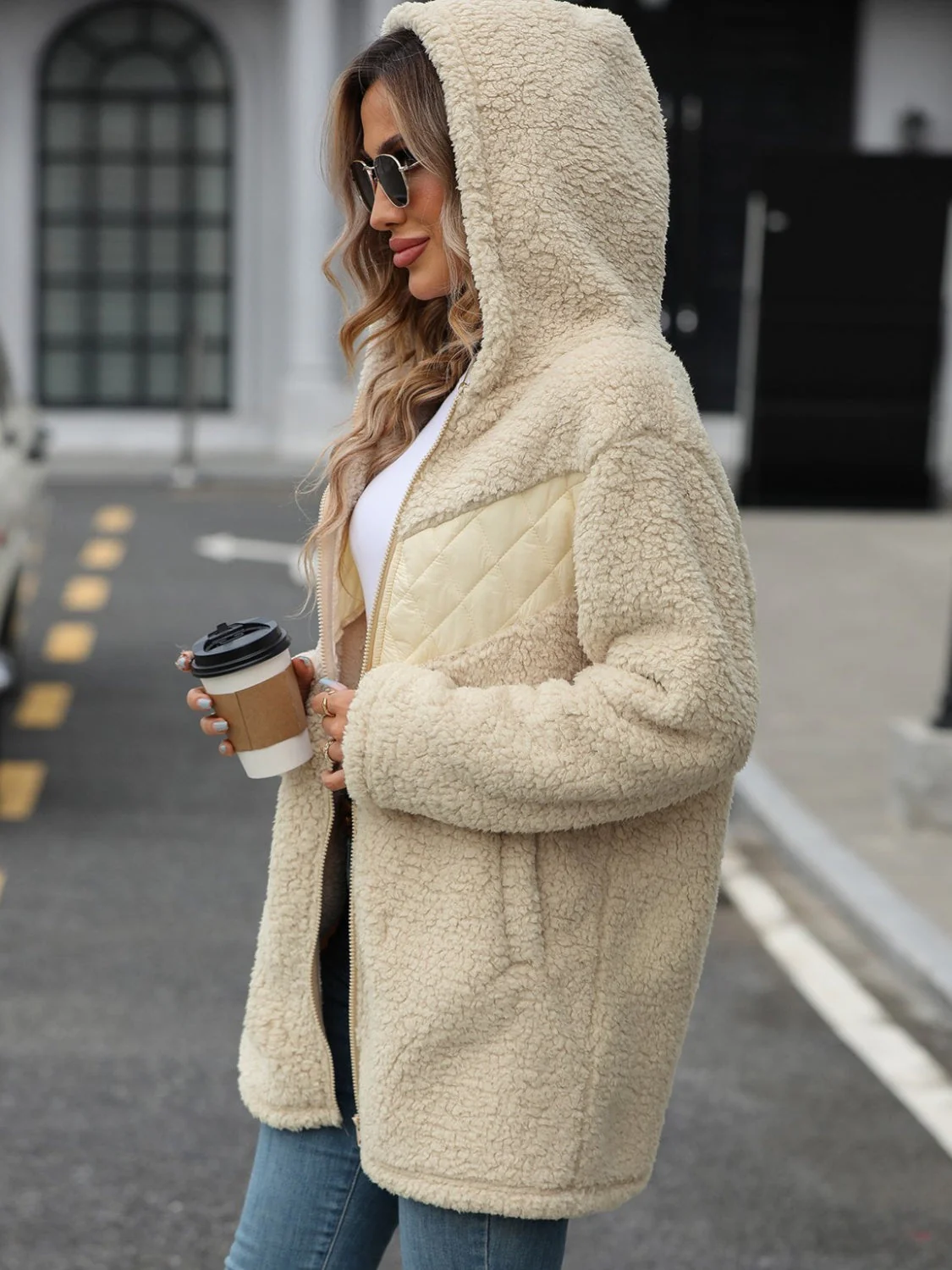 Fuzzy Zip Up Long Sleeve Hooded Jacket - Image 3