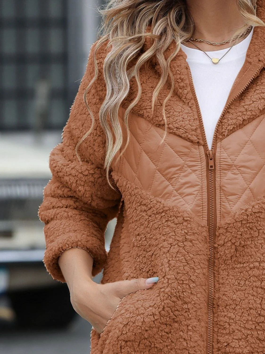 Fuzzy Zip Up Long Sleeve Hooded Jacket - Image 8