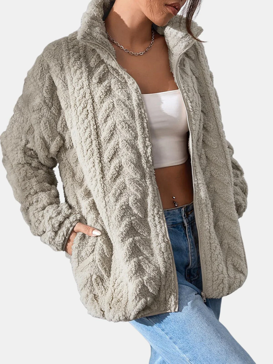 Fuzzy Zip Up Long Sleeve Jacket - Image 12