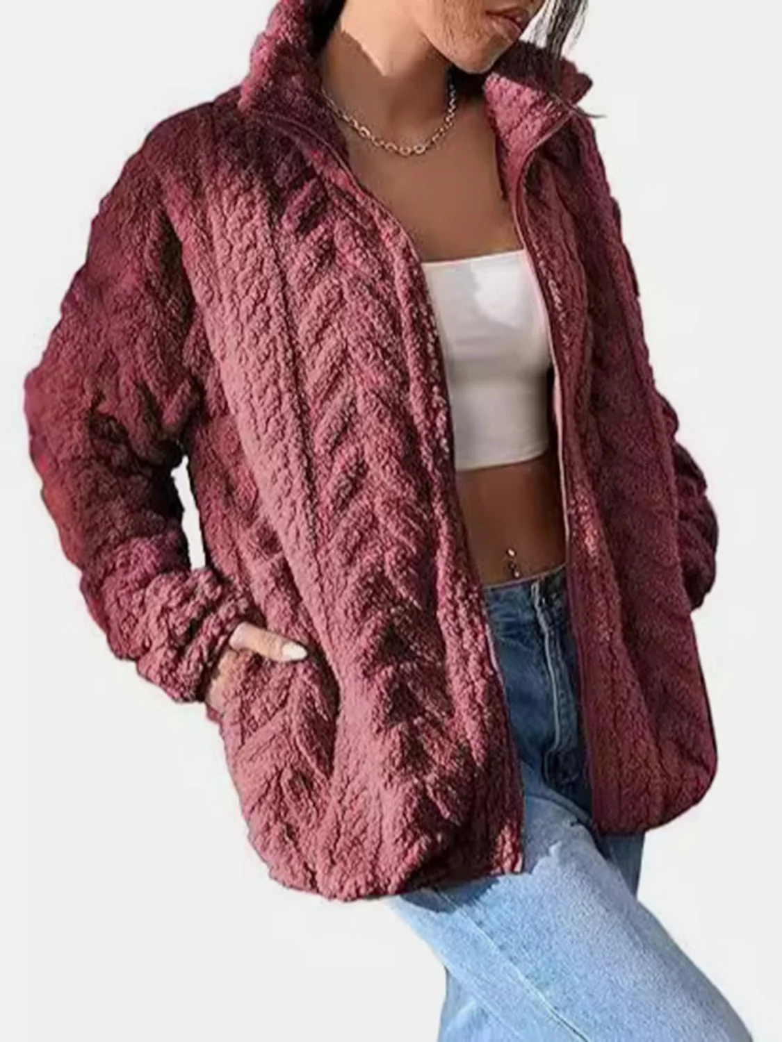 Fuzzy Zip Up Long Sleeve Jacket - Image 3