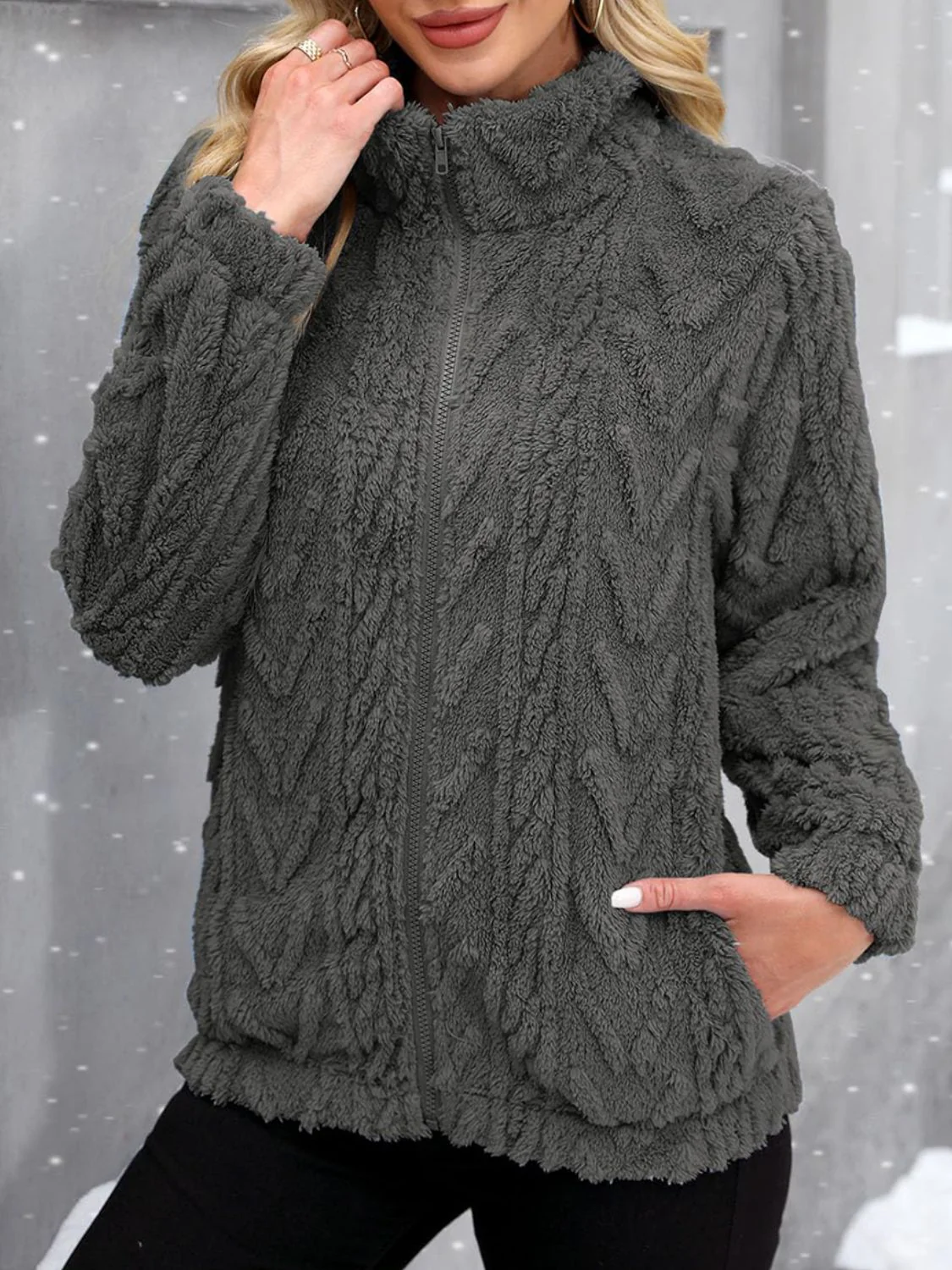 Fuzzy Zip Up Long Sleeve Jacket - Image 4