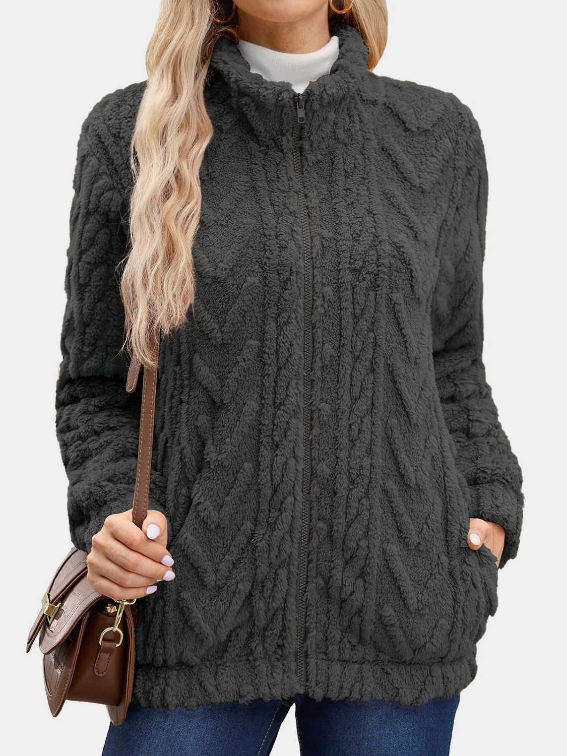 Fuzzy Zip Up Long Sleeve Jacket - Image 5