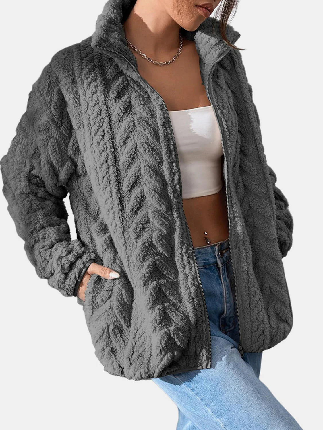 Fuzzy Zip Up Long Sleeve Jacket - Image 6
