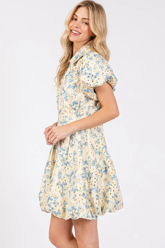 GeeGee Floral Eyelet Zipper Front Puff Sleeve Mini Dress - Image 2