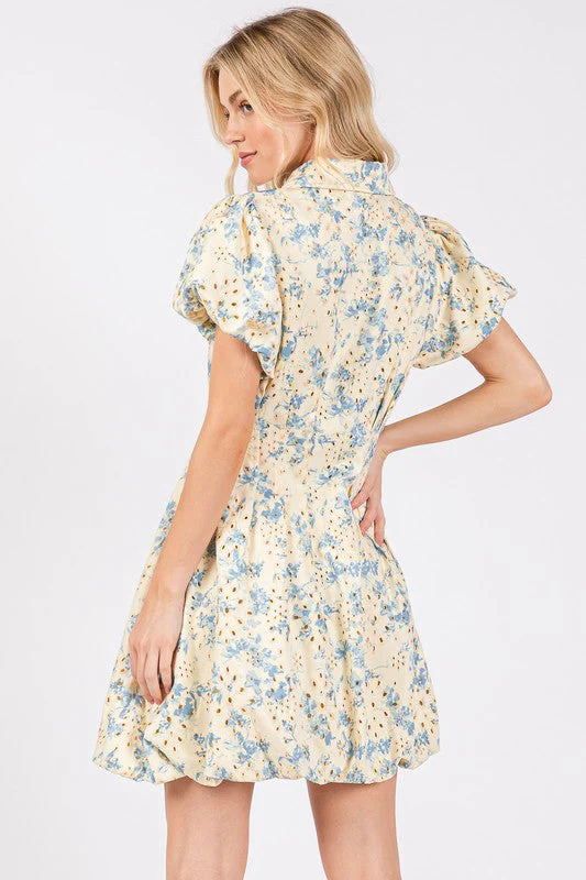 GeeGee Floral Eyelet Zipper Front Puff Sleeve Mini Dress - Image 3
