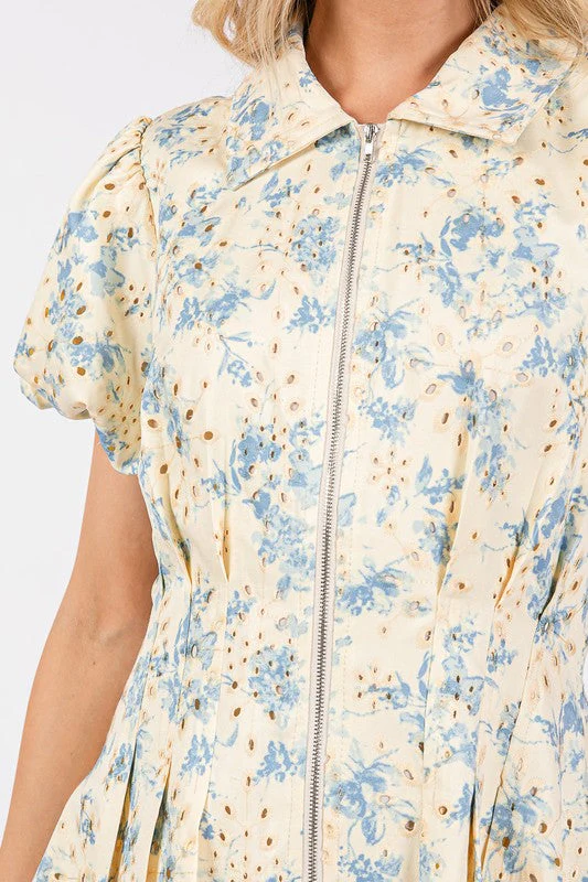 GeeGee Floral Eyelet Zipper Front Puff Sleeve Mini Dress - Image 4