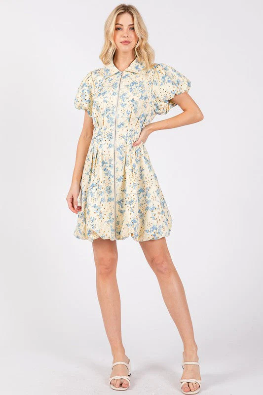 GeeGee Floral Eyelet Zipper Front Puff Sleeve Mini Dress - Image 5