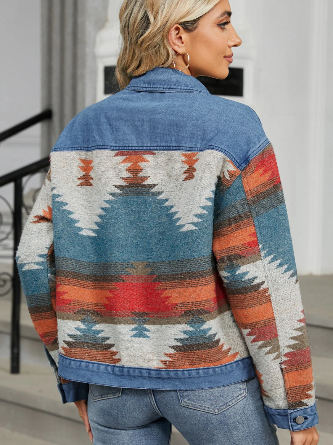 Geometric Button Up Long Sleeve Denim Jacket - Image 2