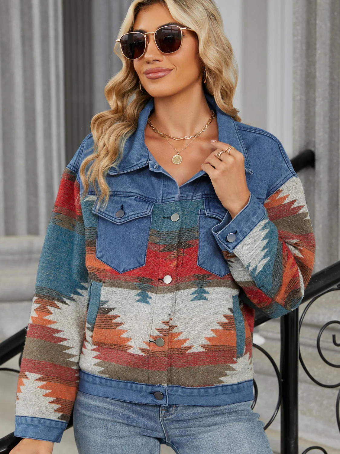 Geometric Button Up Long Sleeve Denim Jacket - Image 6