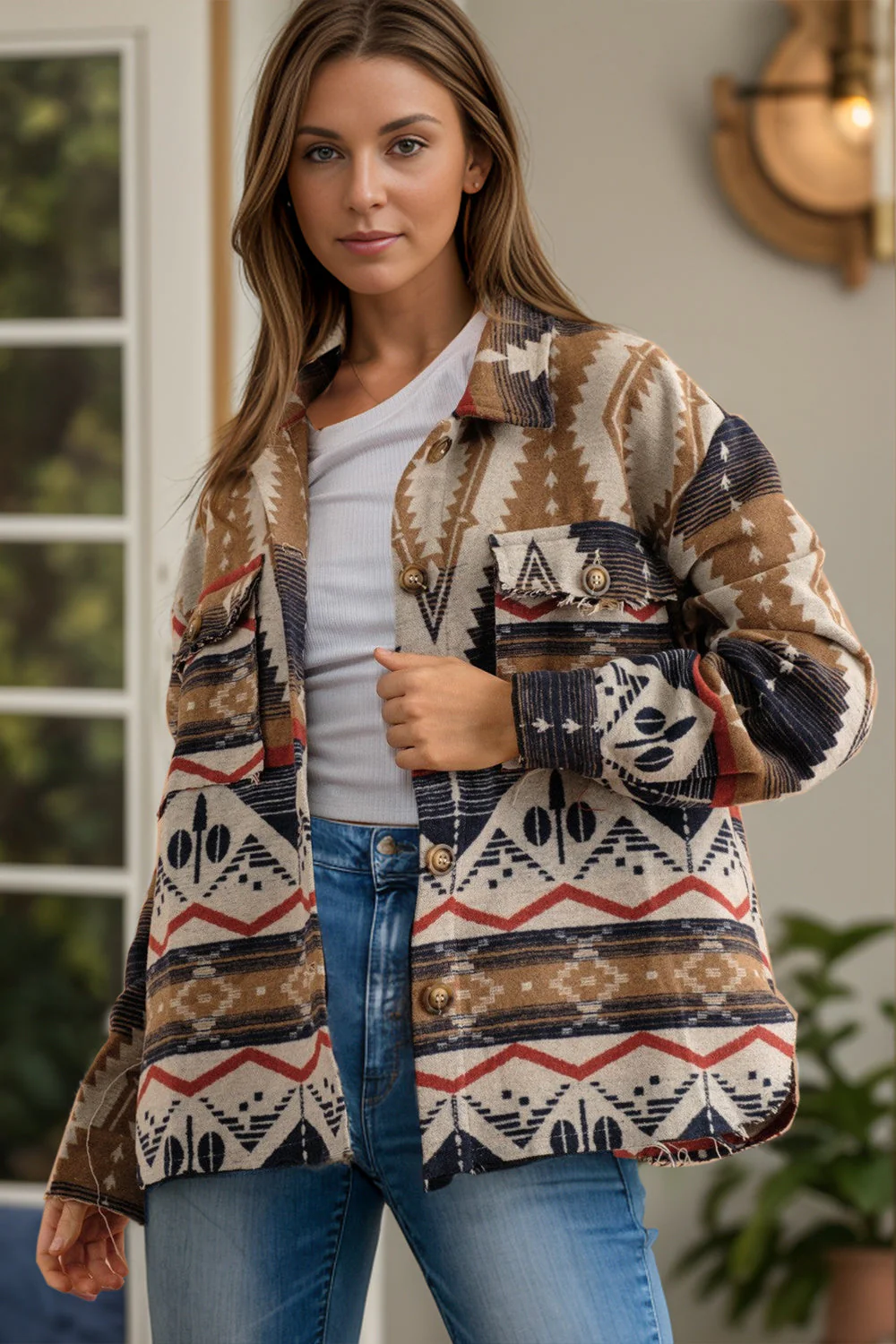 Geometric Button Up Long Sleeve Jacket - Image 2