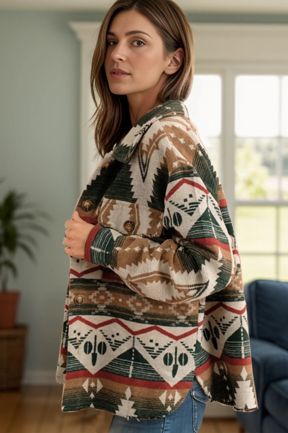 Geometric Button Up Long Sleeve Jacket - Image 7
