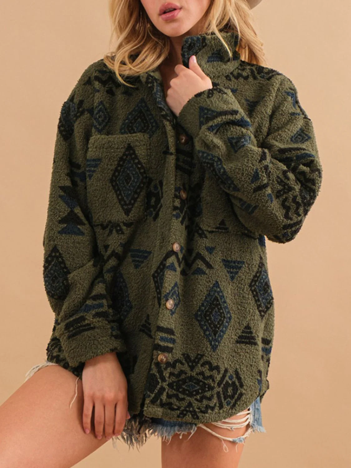 Geometric Button Up Long Sleeve Sherpa Jacket - Image 10
