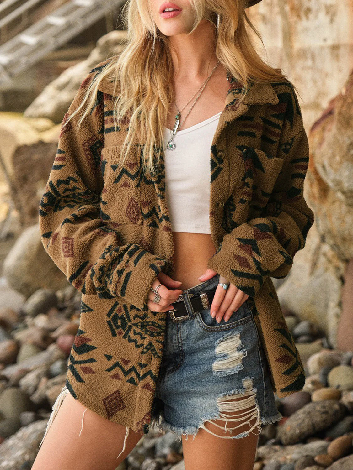 Geometric Button Up Long Sleeve Sherpa Jacket - Image 3