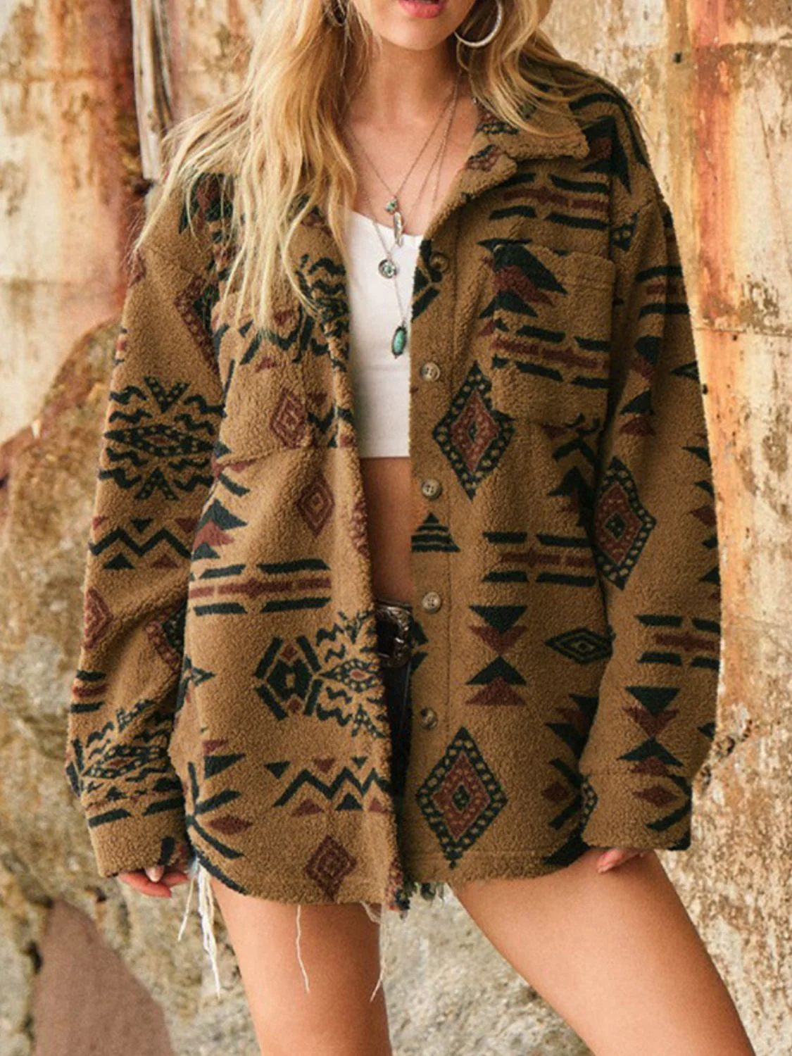 Geometric Button Up Long Sleeve Sherpa Jacket - Image 4