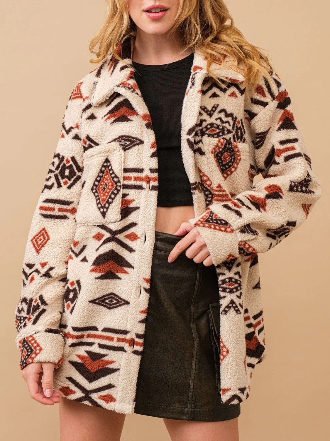 Geometric Button Up Long Sleeve Sherpa Jacket - Image 5