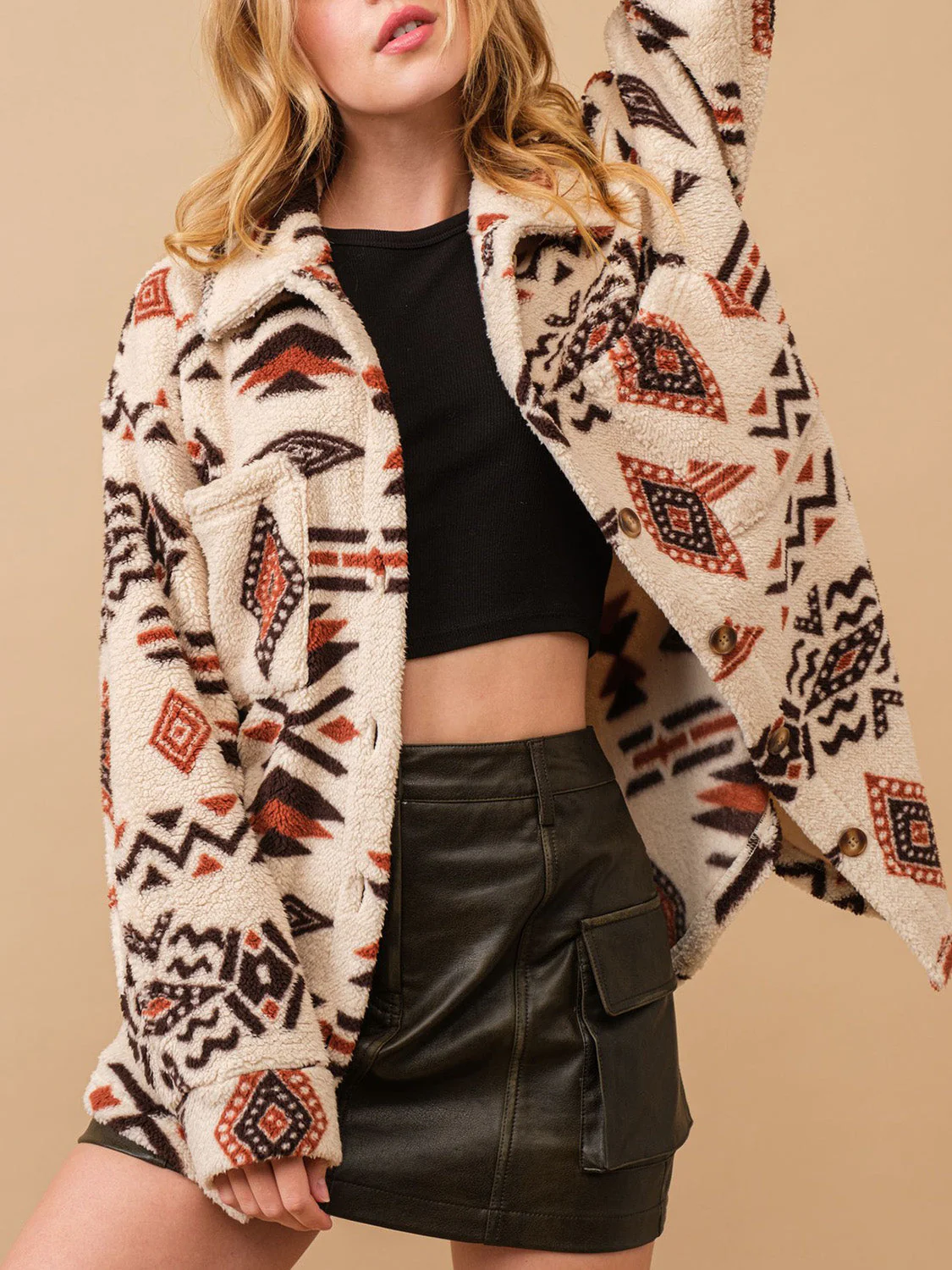 Geometric Button Up Long Sleeve Sherpa Jacket - Image 6