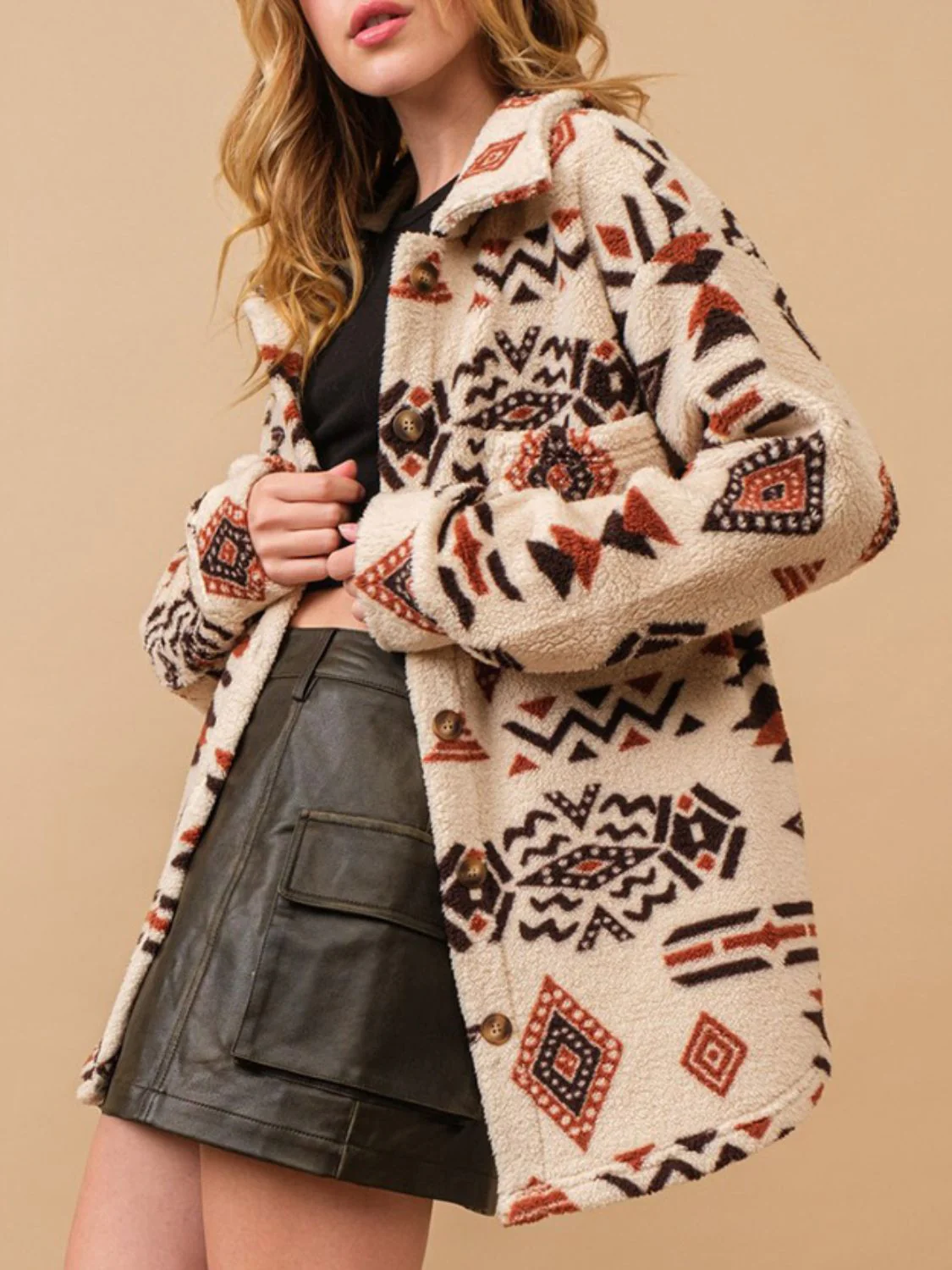 Geometric Button Up Long Sleeve Sherpa Jacket - Image 7