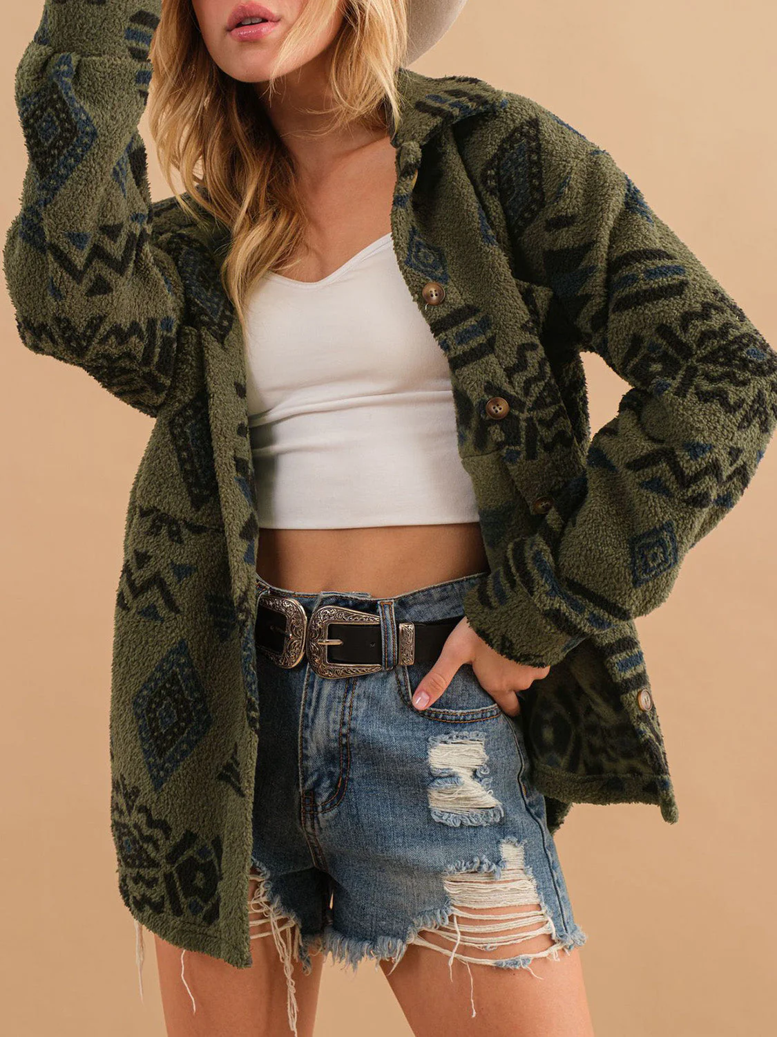 Geometric Button Up Long Sleeve Sherpa Jacket - Image 8