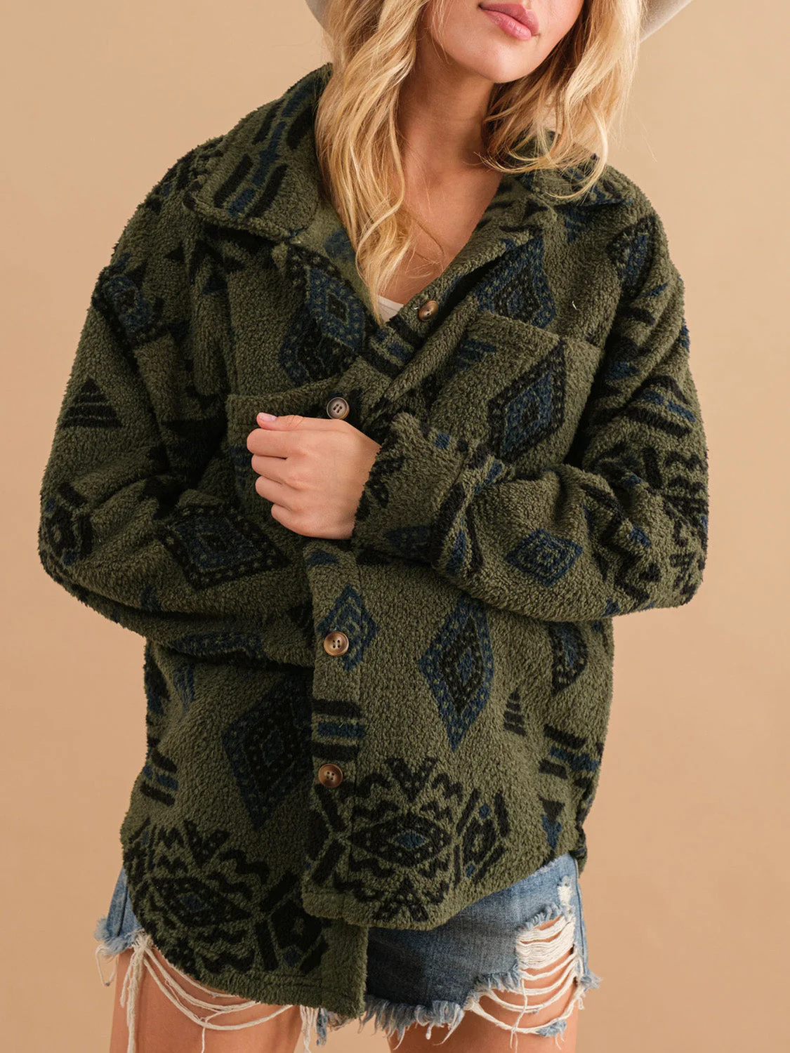 Geometric Button Up Long Sleeve Sherpa Jacket - Image 9