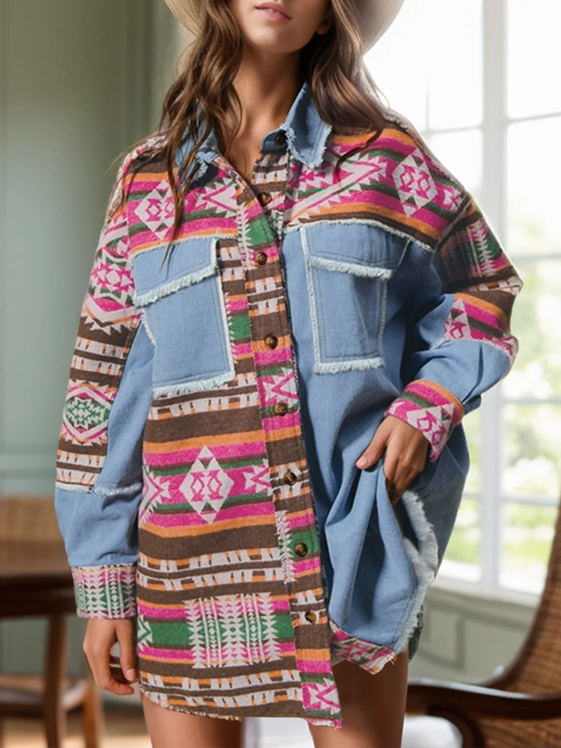 Geometric Collared Neck Long Sleeve Shacket - Image 2
