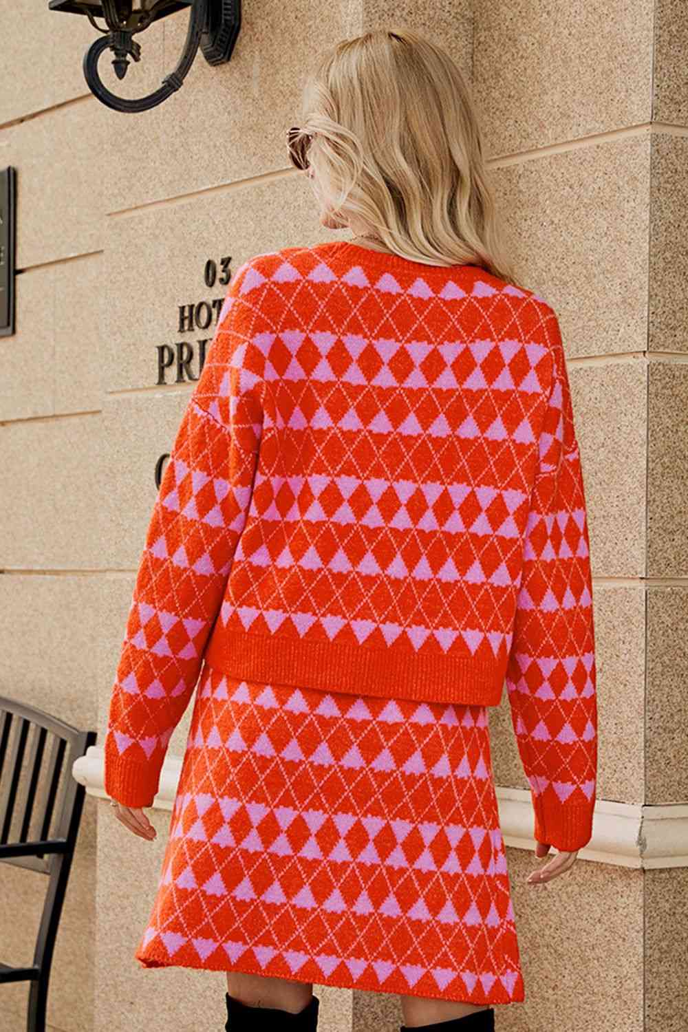 Geometric Dropped Shoulder Cardigan and Knit Skirt Set - Image 2