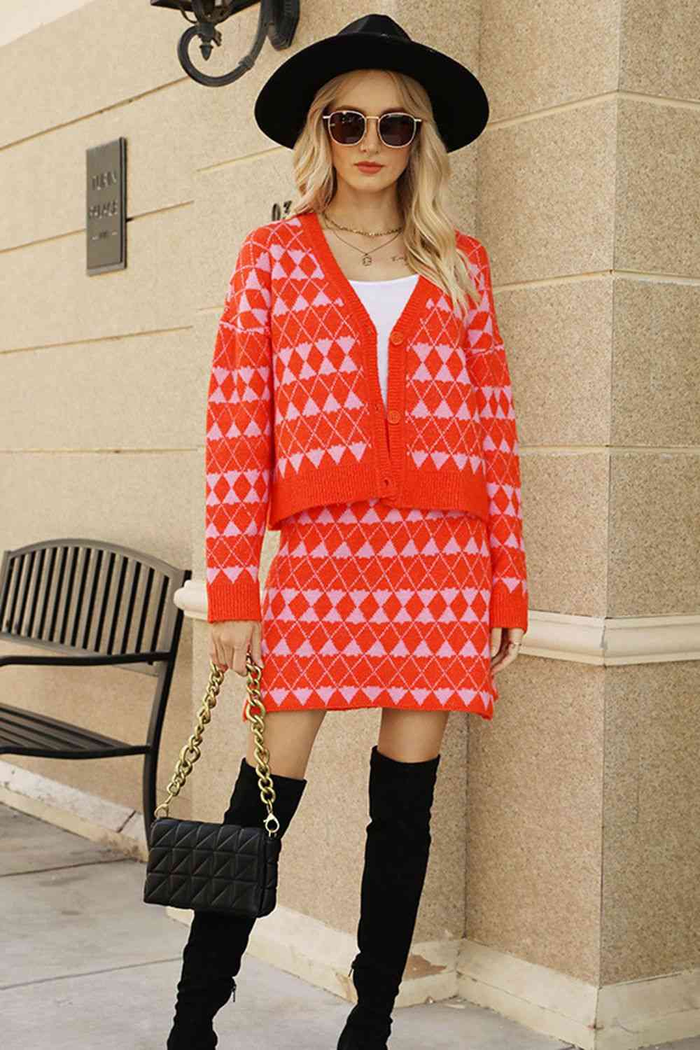 Geometric Dropped Shoulder Cardigan and Knit Skirt Set - Image 3