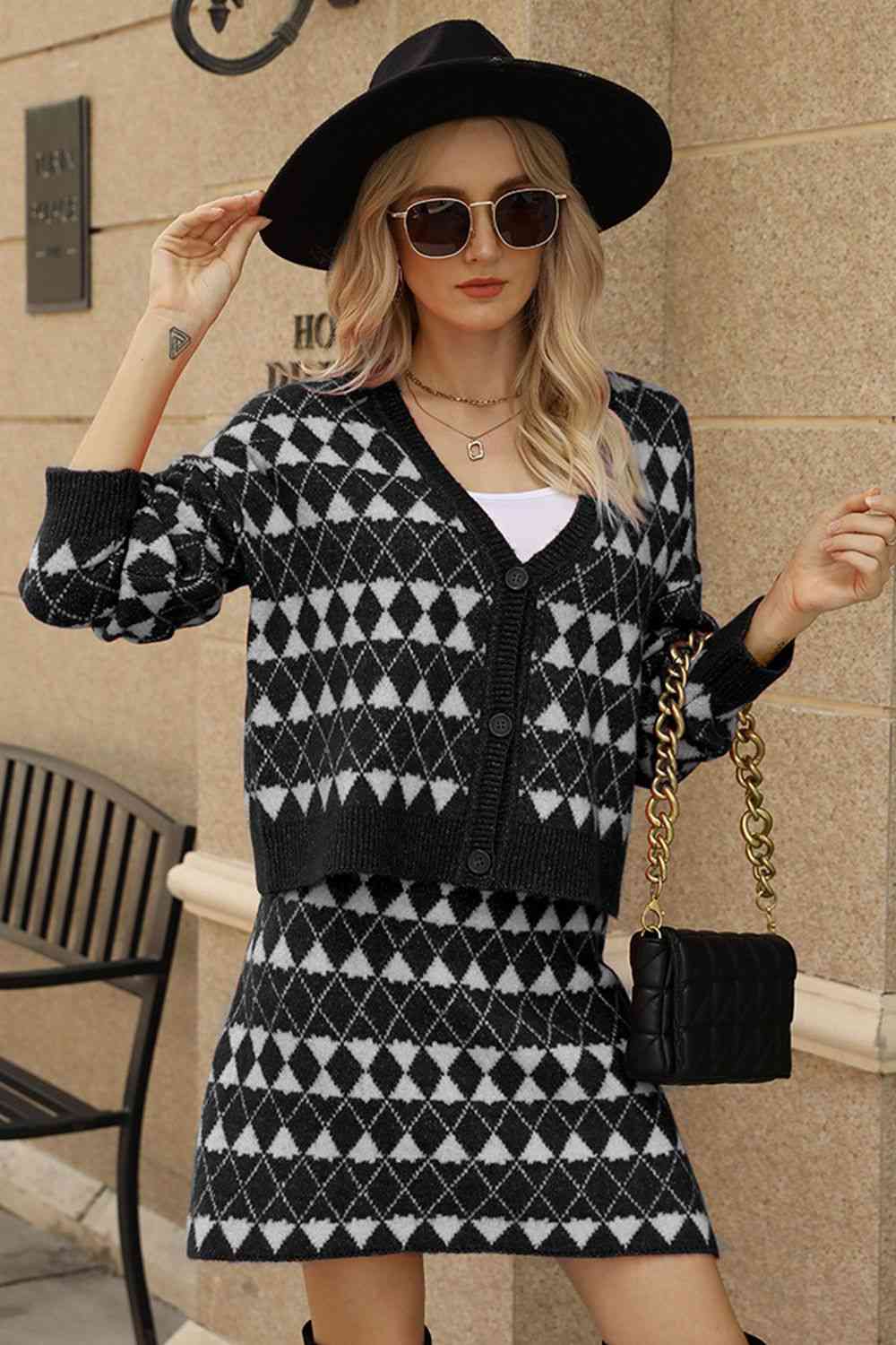 Geometric Dropped Shoulder Cardigan and Knit Skirt Set - Image 4