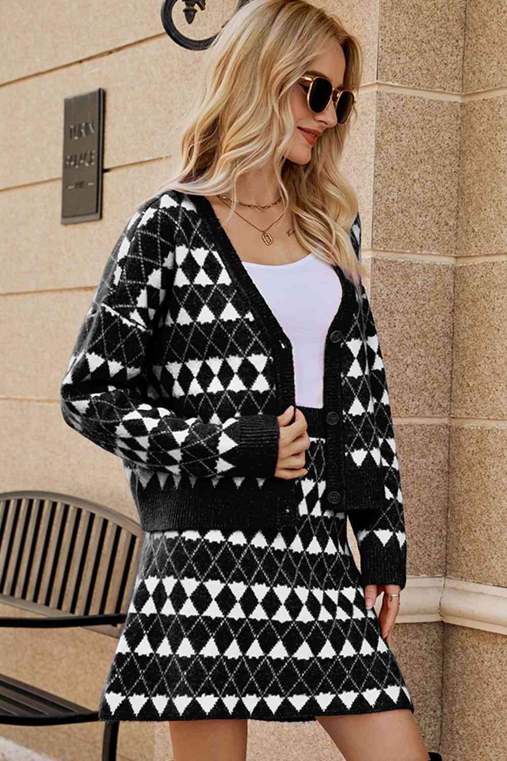 Geometric Dropped Shoulder Cardigan and Knit Skirt Set - Image 5