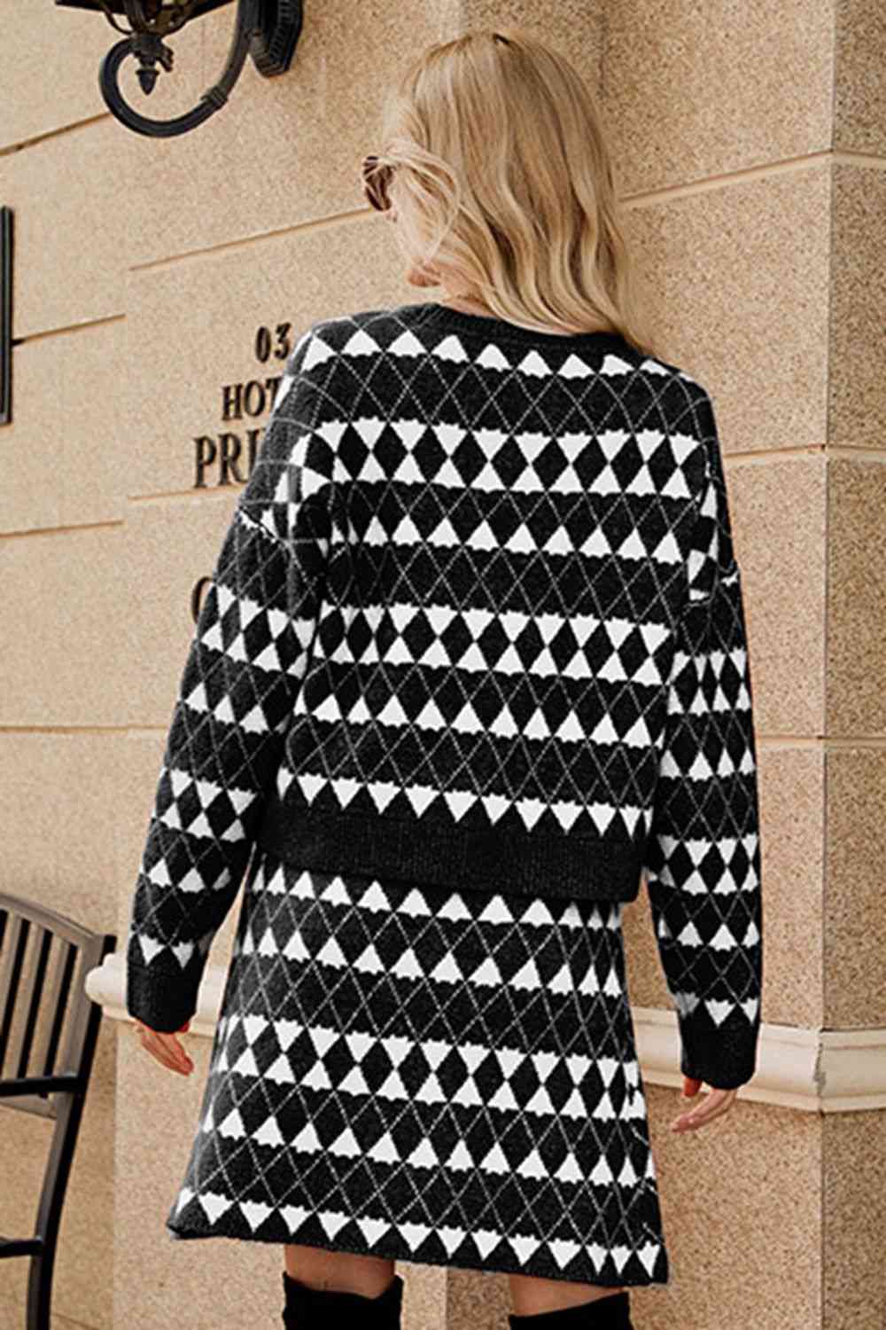 Geometric Dropped Shoulder Cardigan and Knit Skirt Set - Image 6