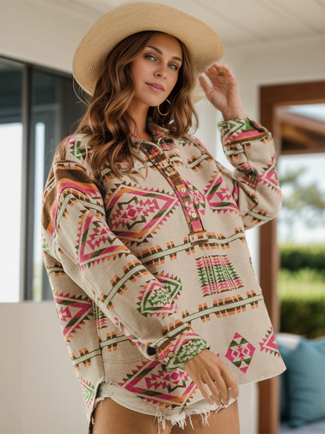 Geometric Half Button Long Sleeve Sweatshirt - Image 3
