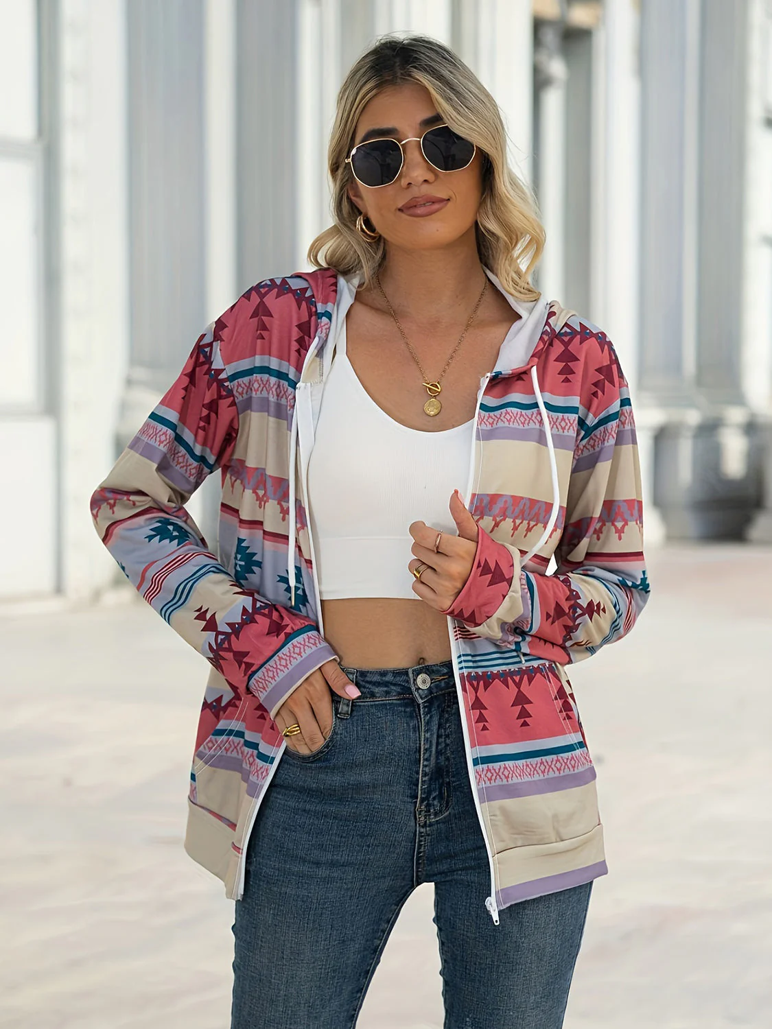 Geometric Zip Up Long Sleeve Hooded Jacket - Image 11