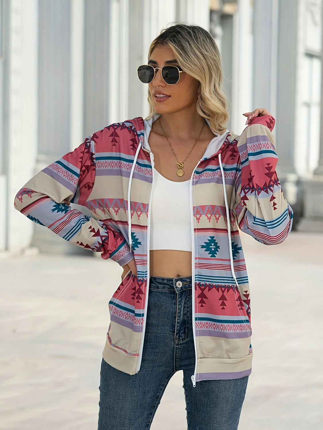 Geometric Zip Up Long Sleeve Hooded Jacket - Image 12
