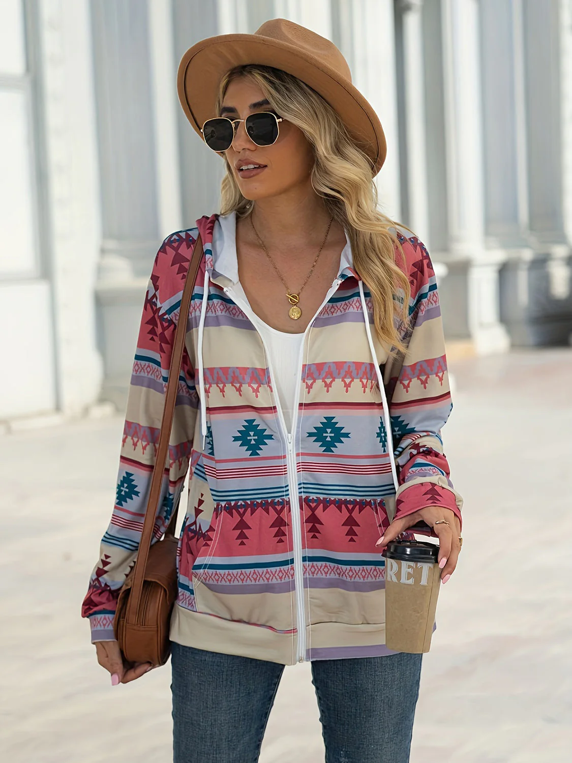 Geometric Zip Up Long Sleeve Hooded Jacket - Image 13