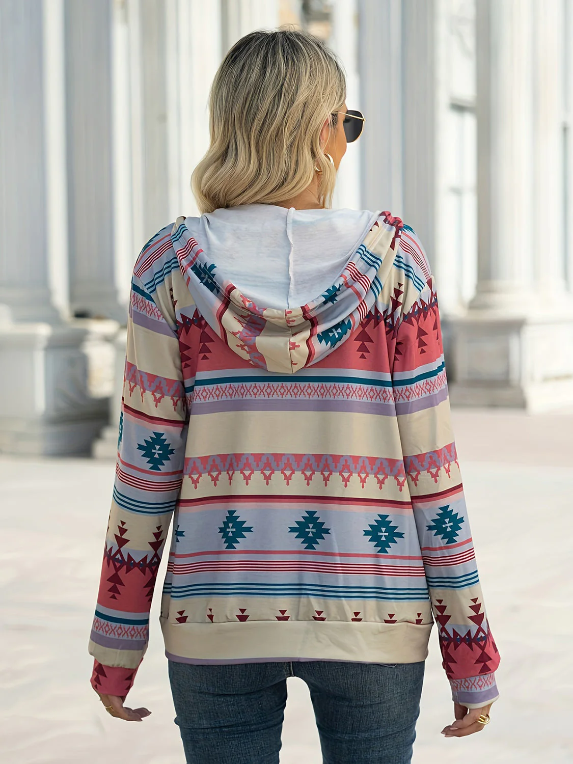 Geometric Zip Up Long Sleeve Hooded Jacket - Image 14